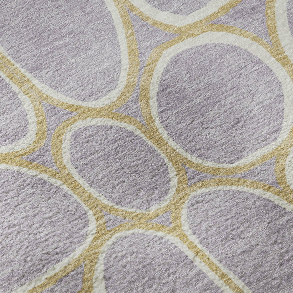 HomeRoots 8' Stylish Lavender Gold Ivory Geometric Washable Round Rug with UV Protection for Modern Homes 681698