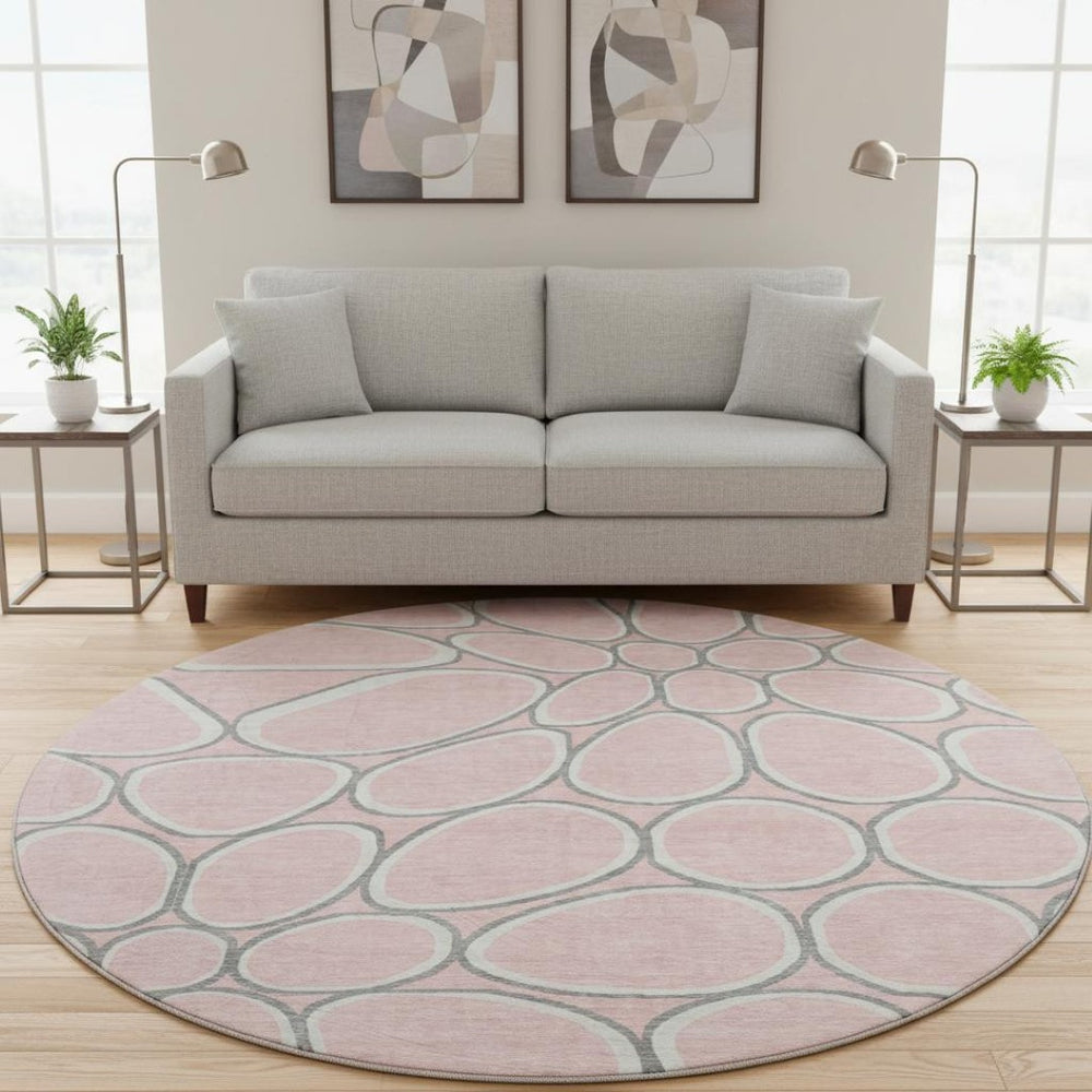 HomeRoots 8' Washable Pink Ivory and Gray Geometric Round Rug with UV Protection for Modern Interiors 681704