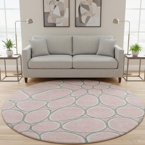 HomeRoots 8' Washable Pink Ivory and Gray Geometric Round Rug with UV Protection for Modern Interiors 681704