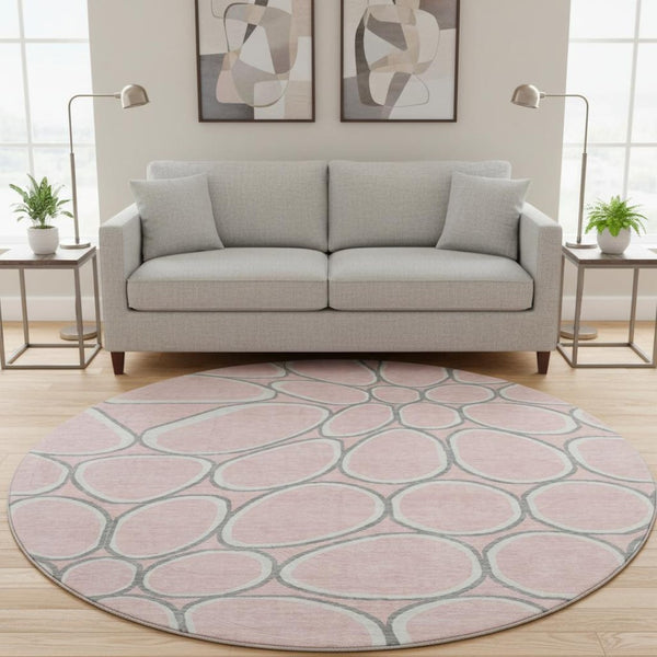 HomeRoots 8' Washable Pink Ivory and Gray Geometric Round Rug with UV Protection for Modern Interiors 681704