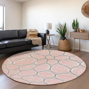 HomeRoots 8' Washable Pink Ivory and Gray Geometric Round Rug with UV Protection for Modern Interiors 681704