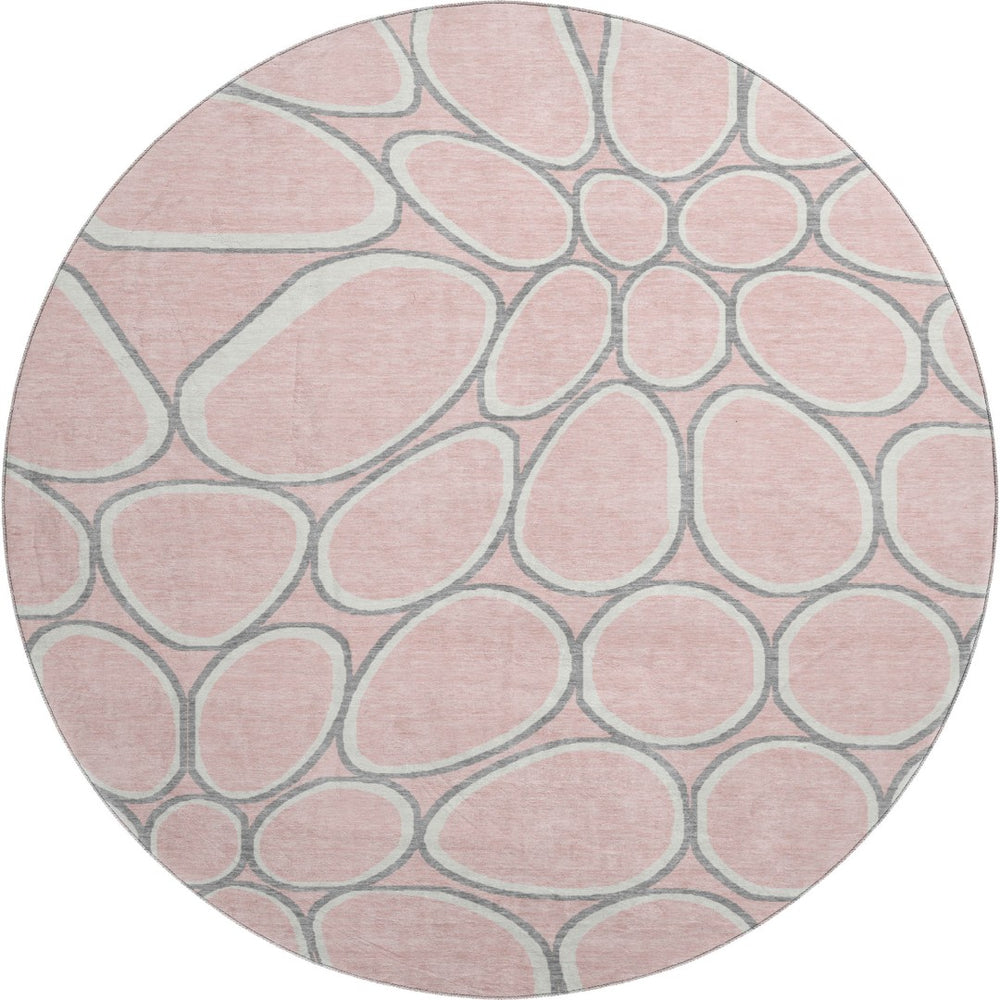HomeRoots 8' Washable Pink Ivory and Gray Geometric Round Rug with UV Protection for Modern Interiors 681704