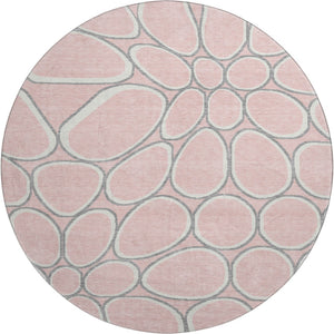 HomeRoots 8' Washable Pink Ivory and Gray Geometric Round Rug with UV Protection for Modern Interiors 681704
