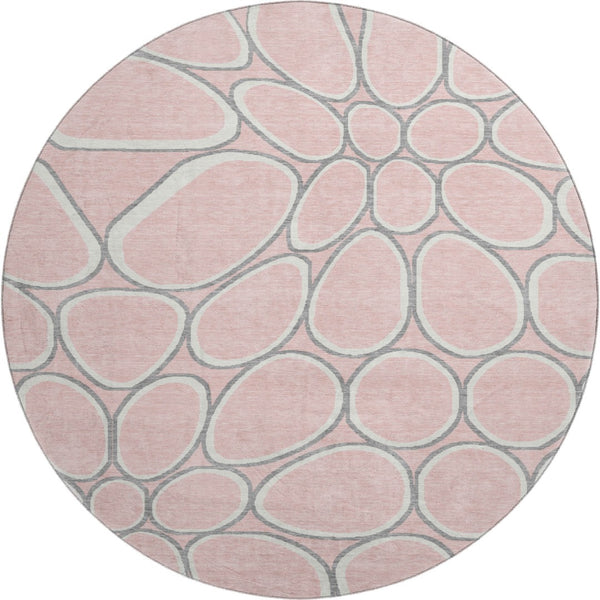 HomeRoots 8' Washable Pink Ivory and Gray Geometric Round Rug with UV Protection for Modern Interiors 681704