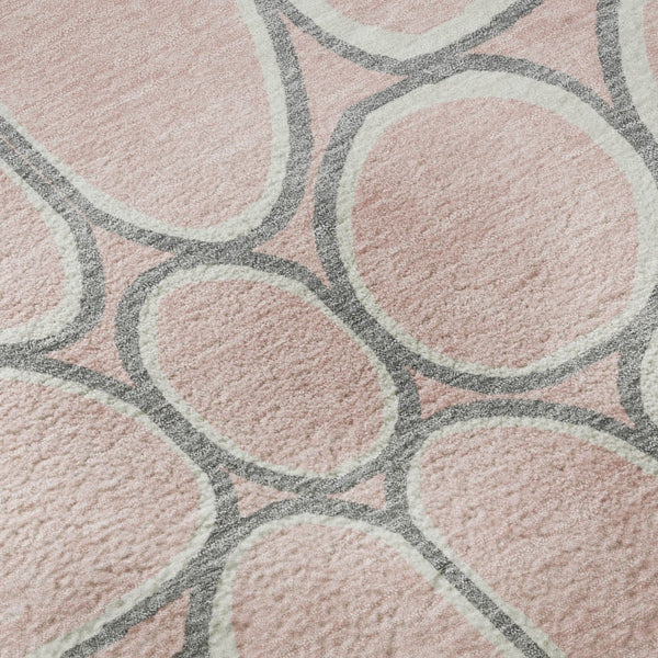 HomeRoots 8' Washable Pink Ivory and Gray Geometric Round Rug with UV Protection for Modern Interiors 681704