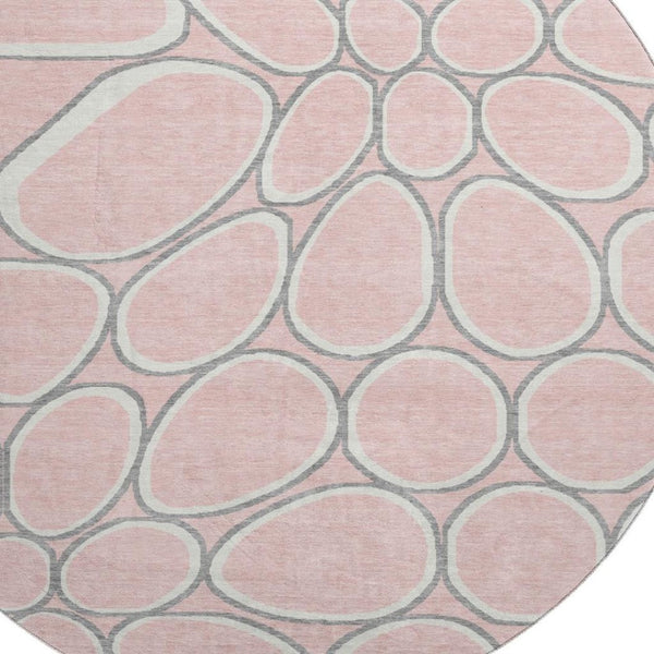 HomeRoots 8' Washable Pink Ivory and Gray Geometric Round Rug with UV Protection for Modern Interiors 681704