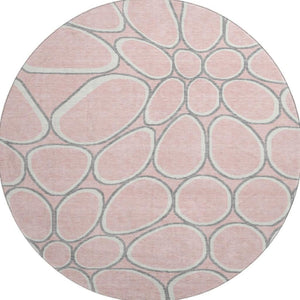 HomeRoots 8' Washable Pink Ivory and Gray Geometric Round Rug with UV Protection for Modern Interiors 681704
