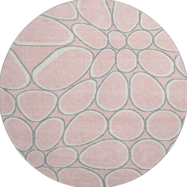 HomeRoots 8' Washable Pink Ivory and Gray Geometric Round Rug with UV Protection for Modern Interiors 681704