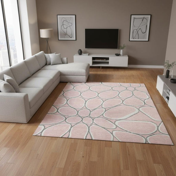 HomeRoots 9' Geometric Washable Area Rug in Pink, Ivory & Gray – UV Protected, Durable & Easy-Care Design 681706