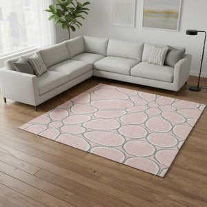 HomeRoots 10' X 14' Washable Geometric Area Rug in Pink, Ivory & Gray - UV Protection & Stain Resistant Design 681707