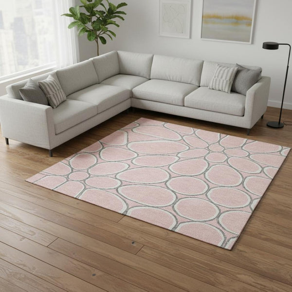HomeRoots 10' X 14' Washable Geometric Area Rug in Pink, Ivory & Gray - UV Protection & Stain Resistant Design 681707