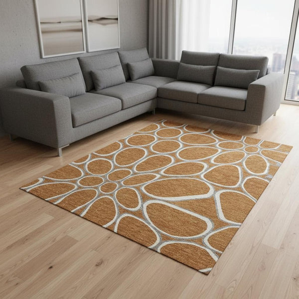 HomeRoots 10' X 14' Washable Rust Ivory & Gray Geometric Area Rug with UV Protection for Modern Homes 681713