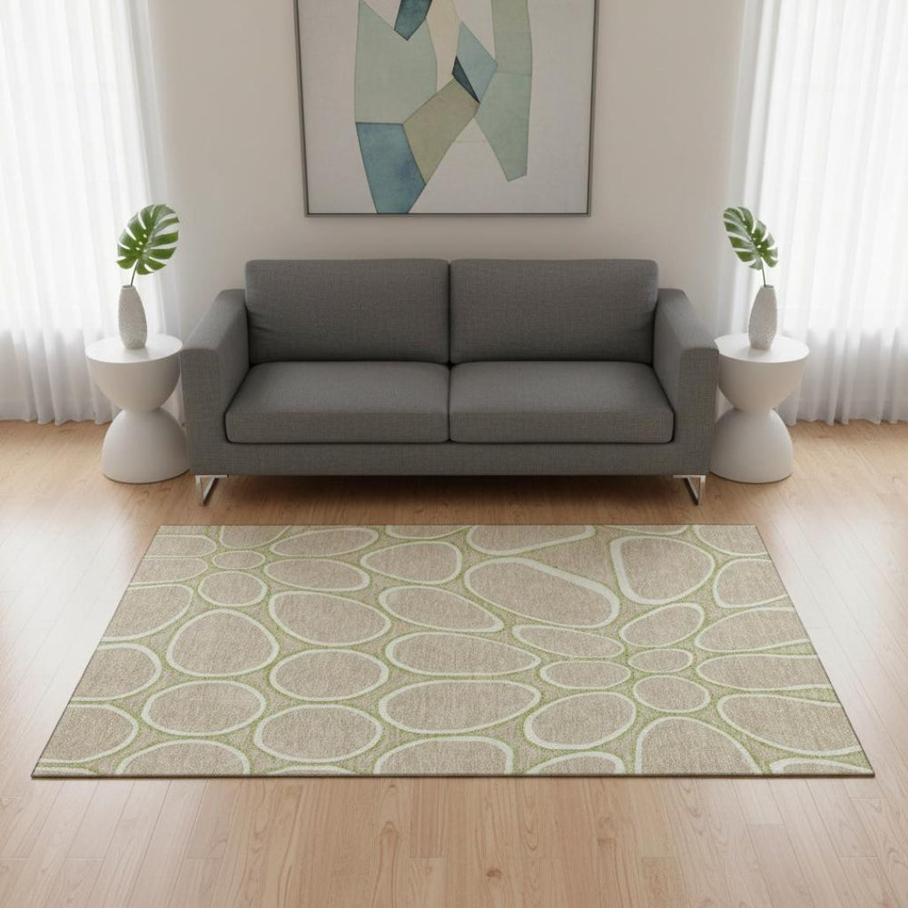 HomeRoots 5' X 8' Tan Ivory Green Geometric Area Rug - Washable, UV-Protected, Perfect for High-Traffic Spaces 681715