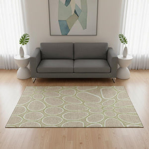 HomeRoots 5' X 8' Tan Ivory Green Geometric Area Rug - Washable, UV-Protected, Perfect for High-Traffic Spaces 681715
