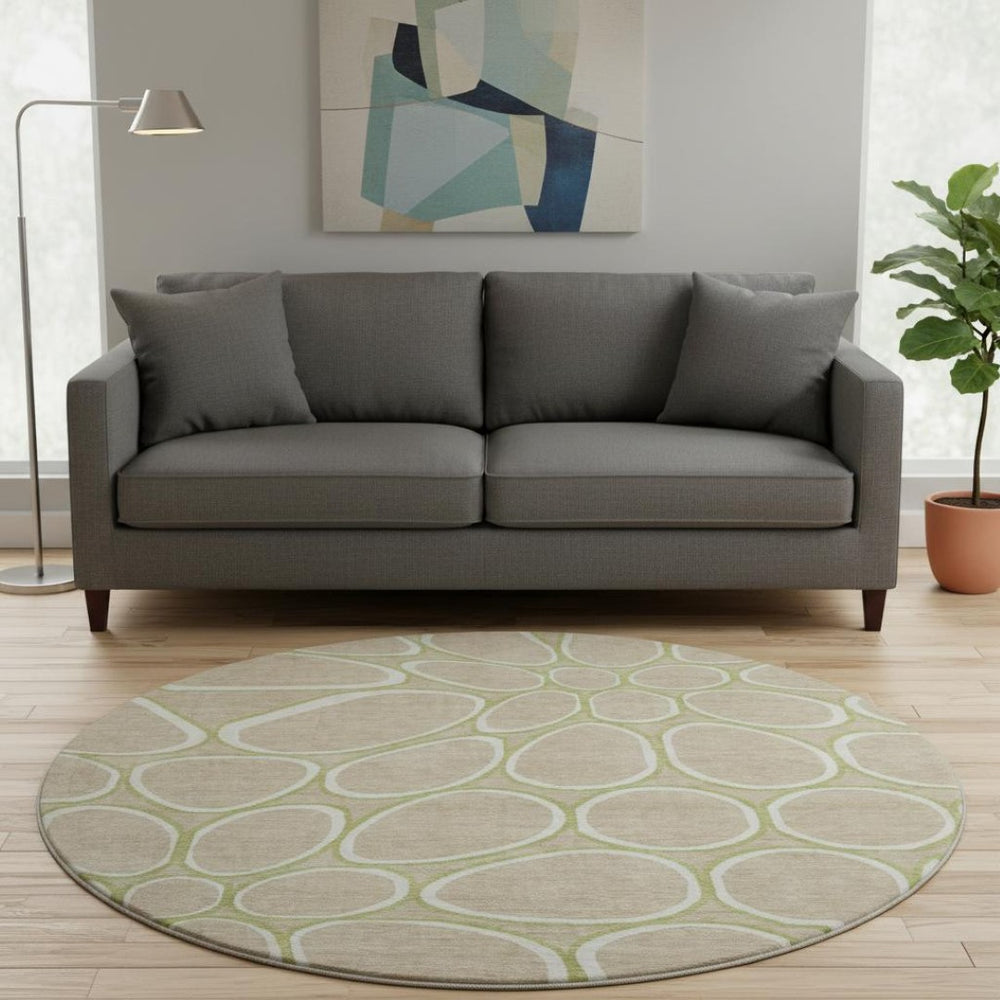 HomeRoots 8' Stylish Tan Ivory Green Geometric Round Rug - Washable, UV Protected, Durable for Homes with Kids 681716