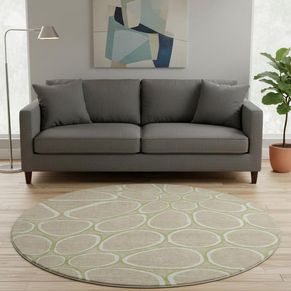 HomeRoots 8' Stylish Tan Ivory Green Geometric Round Rug - Washable, UV Protected, Durable for Homes with Kids 681716