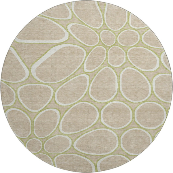 HomeRoots 8' Stylish Tan Ivory Green Geometric Round Rug - Washable, UV Protected, Durable for Homes with Kids 681716