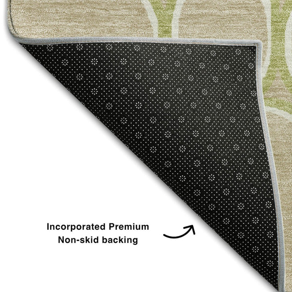 HomeRoots 8' Stylish Tan Ivory Green Geometric Round Rug - Washable, UV Protected, Durable for Homes with Kids 681716
