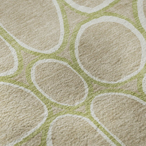 HomeRoots 8' Stylish Tan Ivory Green Geometric Round Rug - Washable, UV Protected, Durable for Homes with Kids 681716