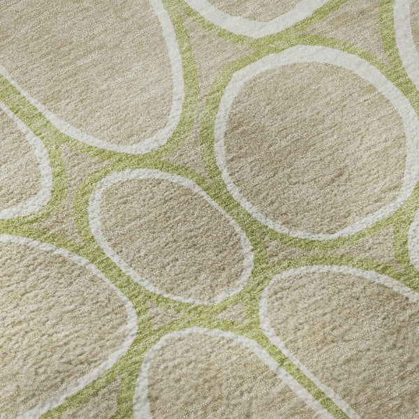 HomeRoots 8' Stylish Tan Ivory Green Geometric Round Rug - Washable, UV Protected, Durable for Homes with Kids 681716