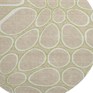 HomeRoots 8' Stylish Tan Ivory Green Geometric Round Rug - Washable, UV Protected, Durable for Homes with Kids 681716