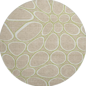 HomeRoots 8' Stylish Tan Ivory Green Geometric Round Rug - Washable, UV Protected, Durable for Homes with Kids 681716