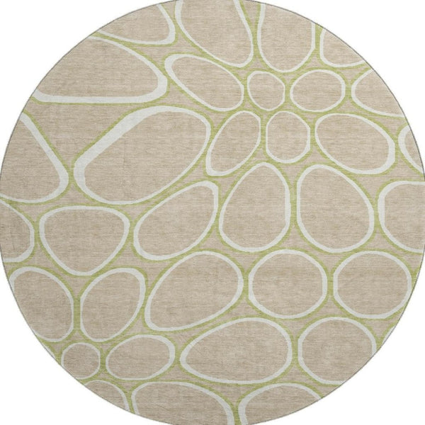 HomeRoots 8' Stylish Tan Ivory Green Geometric Round Rug - Washable, UV Protected, Durable for Homes with Kids 681716