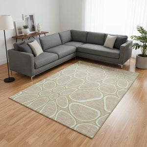 HomeRoots 8' X 10' Tan Ivory Green Washable Area Rug - Durable, Stain-Resistant, UV Protected for Any Space 681717