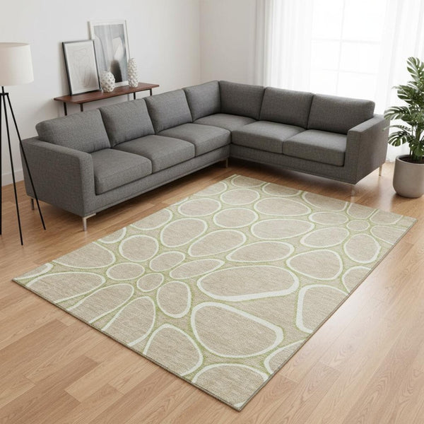 HomeRoots 9' X 12' Tan Ivory Green Geometric Area Rug – Washable, UV Protected & Stain-Resistant for Homes 681718