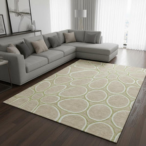 HomeRoots 10' X 14' Tan Ivory Green Geometric Area Rug - Washable, Stain-Resistant, UV Protection Ideal for Families 681719
