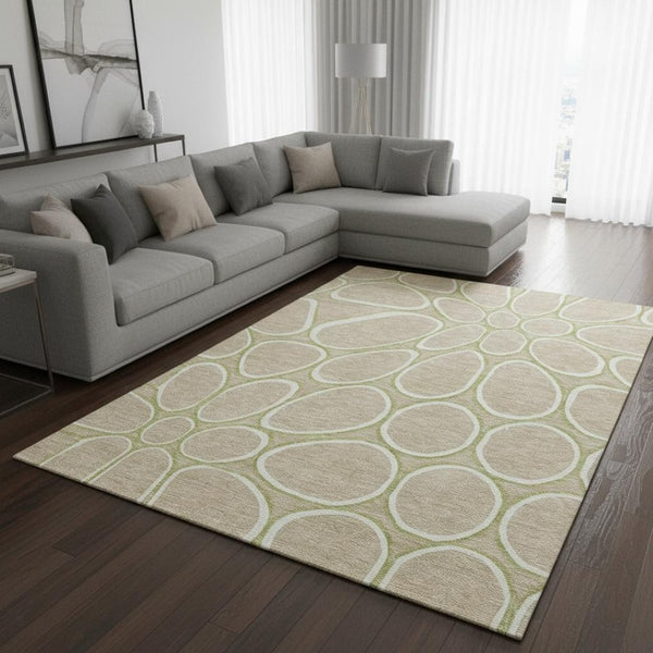 HomeRoots 10' X 14' Tan Ivory Green Geometric Area Rug - Washable, Stain-Resistant, UV Protection Ideal for Families 681719