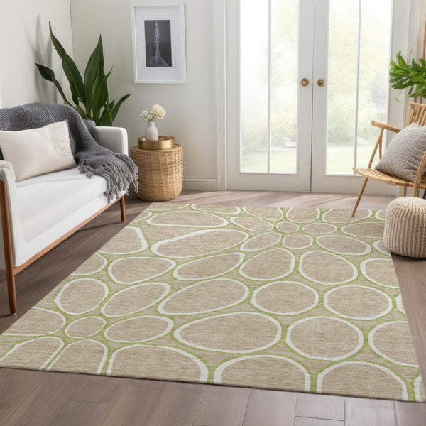 HomeRoots 10' X 14' Tan Ivory Green Geometric Area Rug - Washable, Stain-Resistant, UV Protection Ideal for Families 681719