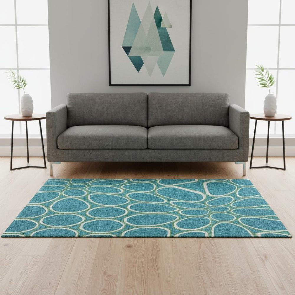 HomeRoots 5' X 8' Teal Ivory Green Geometric Area Rug - Durable, Washable, UV Protected for Modern Homes 681721