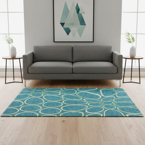 HomeRoots 5' X 8' Teal Ivory Green Geometric Area Rug - Durable, Washable, UV Protected for Modern Homes 681721