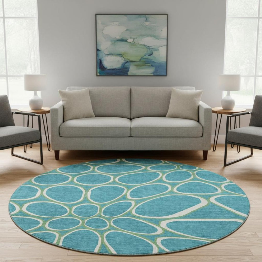 HomeRoots 8' Teal Ivory And Green Geometric Washable Round Rug - Durable, UV-Protected, Perfect for Homes 681722