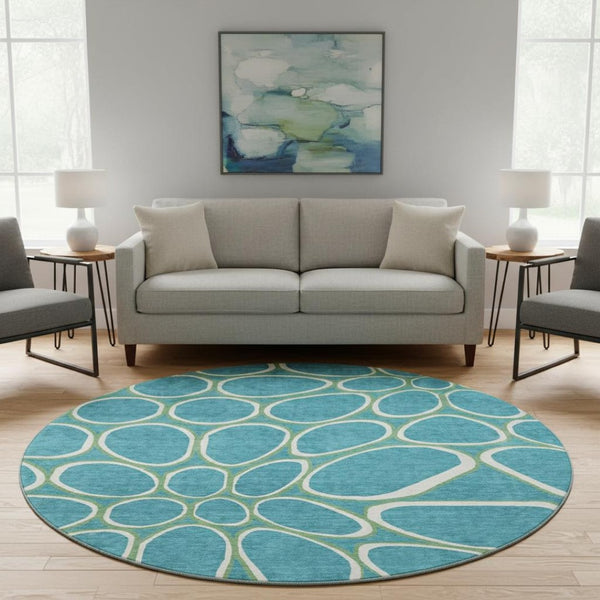 HomeRoots 8' Teal Ivory And Green Geometric Washable Round Rug - Durable, UV-Protected, Perfect for Homes 681722