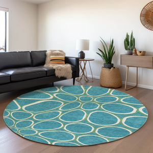 HomeRoots 8' Teal Ivory And Green Geometric Washable Round Rug - Durable, UV-Protected, Perfect for Homes 681722