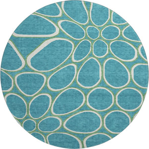 HomeRoots 8' Teal Ivory And Green Geometric Washable Round Rug - Durable, UV-Protected, Perfect for Homes 681722
