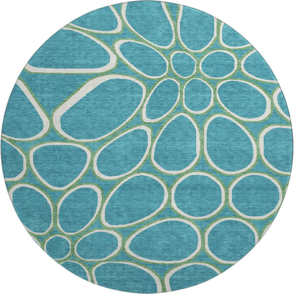 HomeRoots 8' Teal Ivory And Green Geometric Washable Round Rug - Durable, UV-Protected, Perfect for Homes 681722