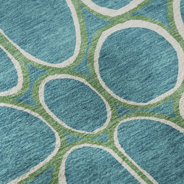 HomeRoots 8' Teal Ivory And Green Geometric Washable Round Rug - Durable, UV-Protected, Perfect for Homes 681722