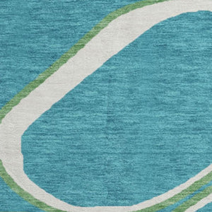 HomeRoots 8' Teal Ivory And Green Geometric Washable Round Rug - Durable, UV-Protected, Perfect for Homes 681722
