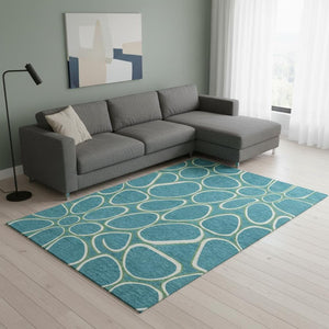 HomeRoots 8' X 10' Teal Ivory Green Geometric Washable Area Rug - Durable, Stylish, UV Protected for Any Space 681723