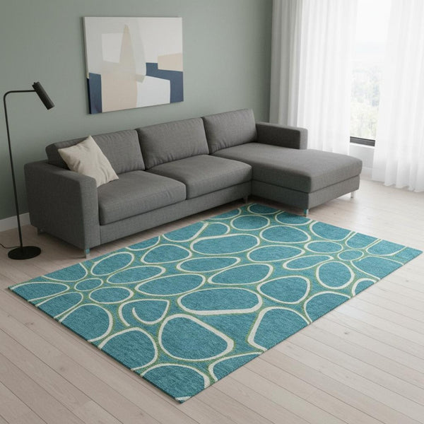 HomeRoots 8' X 10' Teal Ivory Green Geometric Washable Area Rug - Durable, Stylish, UV Protected for Any Space 681723