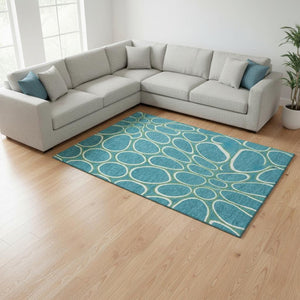 HomeRoots 9' X 12' Stylish Teal, Ivory & Green Geometric Area Rug – Washable, UV-Protected, Pet-Friendly Design! 681724