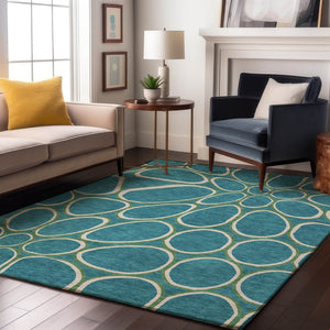 HomeRoots 9' X 12' Stylish Teal, Ivory & Green Geometric Area Rug – Washable, UV-Protected, Pet-Friendly Design! 681724
