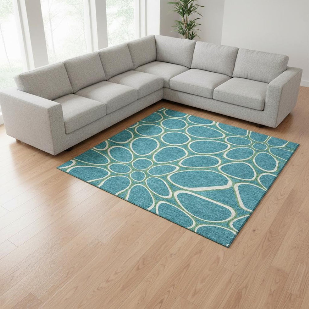HomeRoots 10' Geometric Washable Area Rug in Teal, Ivory & Green - UV Protection for Homes with Kids & Pets 681725