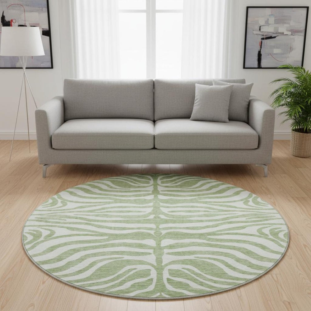 HomeRoots 8' Stylish Artichoke Green & Ivory Animal Print Washable Round Rug with UV Protection for Easy Care 681728