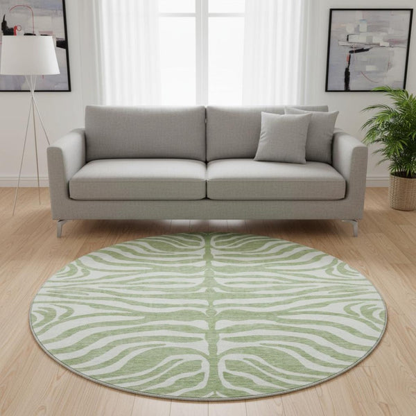 HomeRoots 8' Stylish Artichoke Green & Ivory Animal Print Washable Round Rug with UV Protection for Easy Care 681728