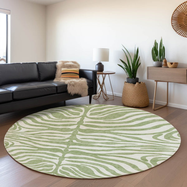 HomeRoots 8' Stylish Artichoke Green & Ivory Animal Print Washable Round Rug with UV Protection for Easy Care 681728