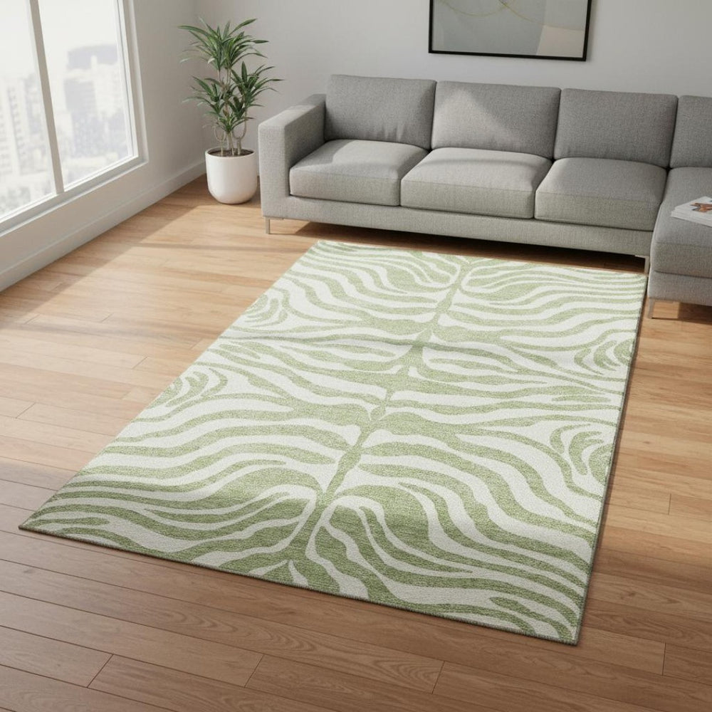 HomeRoots 9' X 12' Artichoke Green & Ivory Animal Print Washable Area Rug with UV Protection for Any Space 681730